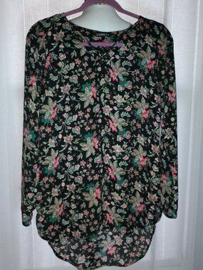EXPRESS Blouse Tunic V-Neck HiLo Black w/Teal,Pink,White Florals NWOT XS
